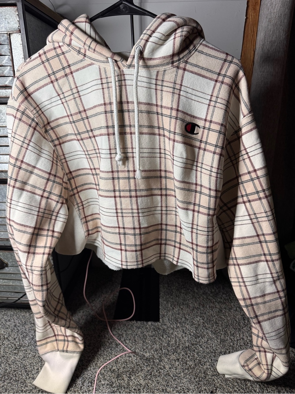 Champion Cropped Plaid Hoodie in Cream and Pink